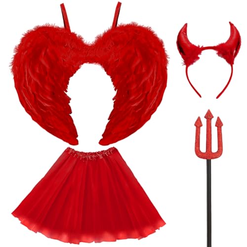 Engel Teufel Kostüm Damen Rot, Tutu-Rock, Teufel shörner und Dreizack, Teufelsflügel Deko, Engel Flügel, Feen Flügel Halloween Kostüme Karneval Party Cosplay Erwachsenes von WILDPARTY