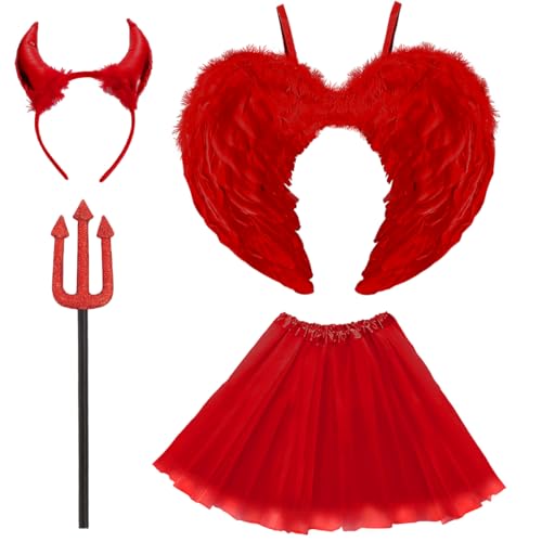 Engel Teufel Kostüm Damen Rot, Tutu-Rock, Teufel shörner und Dreizack, Teufelsflügel Deko, Engel Flügel, Feen Flügel Halloween Kostüme Karneval Party Cosplay Erwachsenes von WILDPARTY