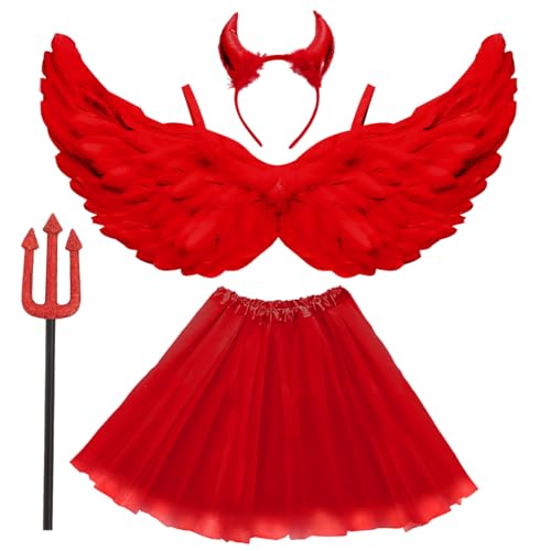 Engel und Teufel Kostüm Damen Rot, Tutu-Rock, Teufel shörner und Dreizack, Teufelsflügel Deko, Engel Flügel, Feen Flügel Halloween Kostüme Karneval Party Cosplay Erwachsenes von WILDPARTY