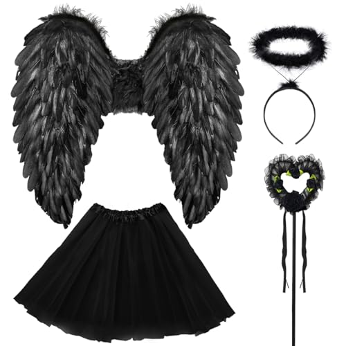 Engel Teufel Kostüm Damen Schwarz, Tutu-Rock, Engel Flüge, Heiligenschein und Zauberstab, Engelsflügel Deko Kostüm, Halloween Kostüme Karneval Party Cosplay Erwachsenes von WILDPARTY