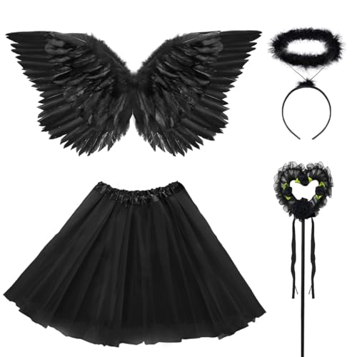 Engel Teufel Kostüm Damen Schwarz, Tutu-Rock, Engelsflügel, Heiligenschein und Zauberstab, Engel Flüge Deko Kostüm, Halloween Kostüme Karneval Party Cosplay Erwachsenes Feenflügel von WILDPARTY