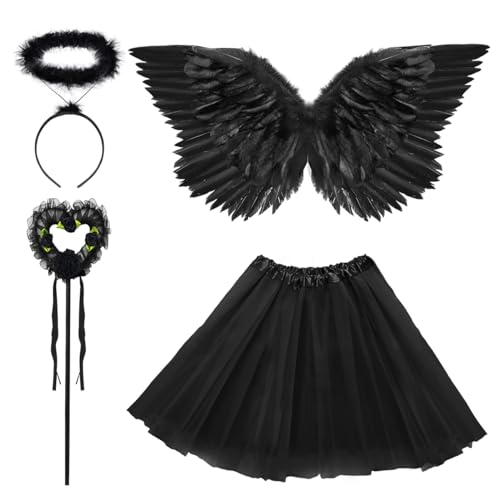 Engel Teufel Kostüm Damen Schwarz, Tutu-Rock, Engelsflügel, Heiligenschein und Zauberstab, Engel Flüge Deko Kostüm, Halloween Kostüme Karneval Party Cosplay Erwachsenes Feenflügel von WILDPARTY