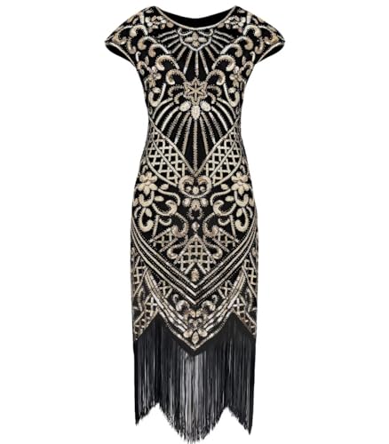 WILDPARTY 1920S Damen Flapper Kleid Pailletten Fransen Kleid Brüllend 20er Jahre Cocktailkleid (Schwarzgold-XL), Kleid, Schwarzgold, XL von WILDPARTY