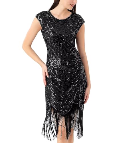 WILDPARTY 1920er Jahre Damen Flapper Kleid Pailletten Fransen Kleid Brüllend 20er Jahre Cocktailkleid, Schwarz, XL von WILDPARTY