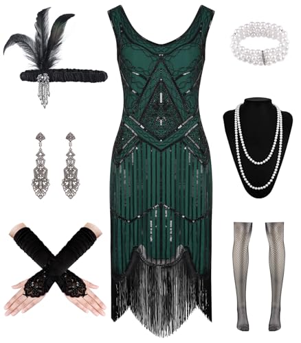 WILDPARTY 1920er Jahre Damen Flapper-Kleid V-Ausschnitt Pailletten Perlen Fransen Kleid Cocktailkleid mit brüllenden 20er Jahren Zubehör, Grün , S von WILDPARTY