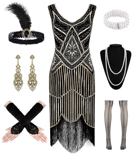 WILDPARTY 1920er Jahre Damen Flapper-Kleid V-Ausschnitt Pailletten Perlen Fransen Kleid Cocktailkleid mit brüllenden 20er Jahren Zubehör, Schwarz / Gold, 3XL von WILDPARTY