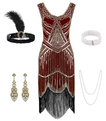 WILDPARTY 1920er Jahre Damen Flapper-Kleid V-Ausschnitt Pailletten Perlen Fransen Kleid Cocktailkleid mit brüllenden 20er Jahren Zubehör, rotgold, L von WILDPARTY