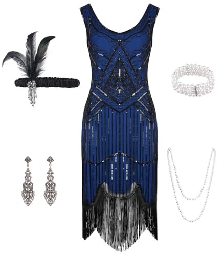 WILDPARTY 1920er Jahre Damen Flapper-Kleid V-Ausschnitt Pailletten Perlen Fransen Kleid Cocktailkleid mit brüllenden 20er Jahren Zubehör, schwarz / blau, M von WILDPARTY