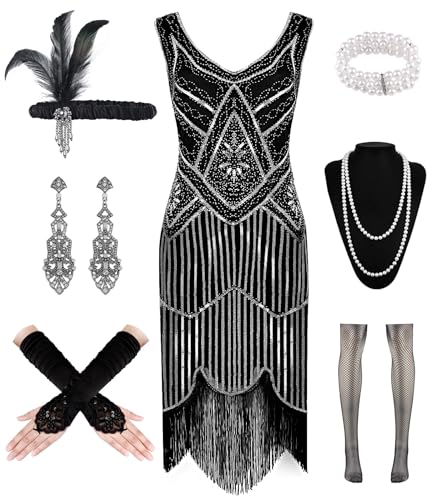 WILDPARTY 1920er Jahre Damen Flapper-Kleid V-Ausschnitt Pailletten Perlen Fransen Kleid Cocktailkleid mit brüllenden 20er Jahren Zubehör, schwarz / silber, L von WILDPARTY