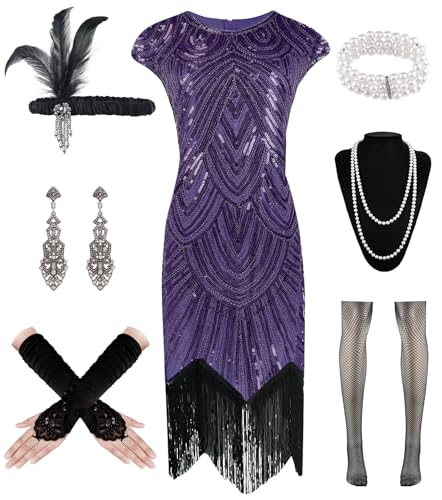 WILDPARTY 1920er Jahre Damen Flapper Kleider Pailletten Kleider Vintage Spitze Fransen Cocktailkleid mit 20er Jahre Zubehör Set, Violett, 3XL von WILDPARTY