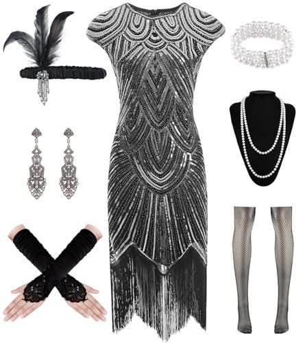 WILDPARTY 1920er Jahre Damen Flapper Kleider Pailletten Kleider Vintage Spitze Fransen Cocktailkleid mit 20er Jahre Zubehör Set, schwarz / silber, M von WILDPARTY