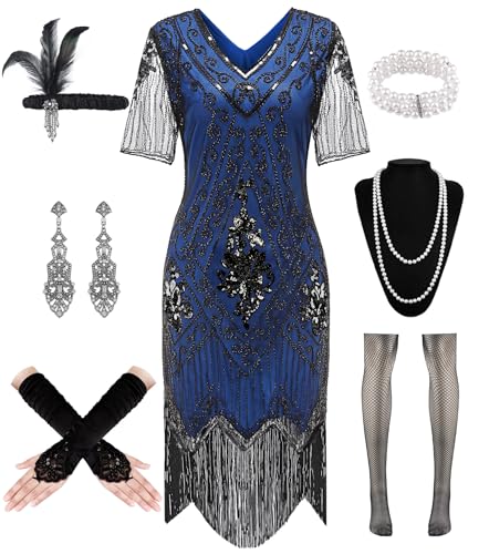 WILDPARTY 1920er Jahre Flapper-Kleid für Damen, Pailletten-Kleid, V-Ausschnitt, Spitze, Fransenkleid, Kostüm mit brüllenden 20er-Jahren Zubehör, schwarz / blau, L von WILDPARTY