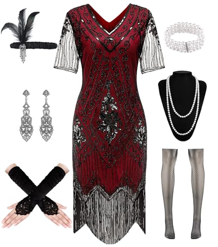 WILDPARTY 1920er Jahre Flapper-Kleid für Damen, Pailletten-Kleid, V-Ausschnitt, Spitze, Fransenkleid, Kostüm mit brüllenden 20er-Jahren Zubehör, schwarz / rot, XXL von WILDPARTY