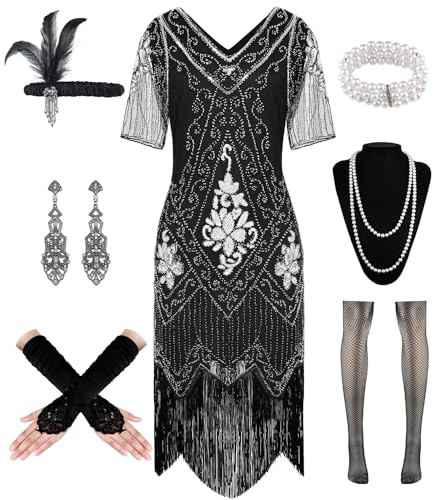 WILDPARTY 1920er Jahre Flapper-Kleid für Damen, Pailletten-Kleid, V-Ausschnitt, Spitze, Fransenkleid, Kostüm mit brüllenden 20er-Jahren Zubehör, schwarz / silber, M von WILDPARTY