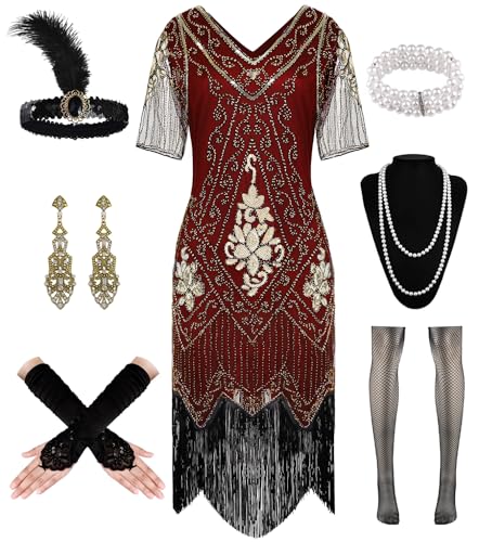 WILDPARTY 1920er Jahre Flapper-Kleid für Damen, Pailletten-Kleid, V-Ausschnitt, Spitze, Fransenkleid, Kostüm mit brüllenden 20er-Jahren Zubehör (Goldrot, Größe XL) von WILDPARTY