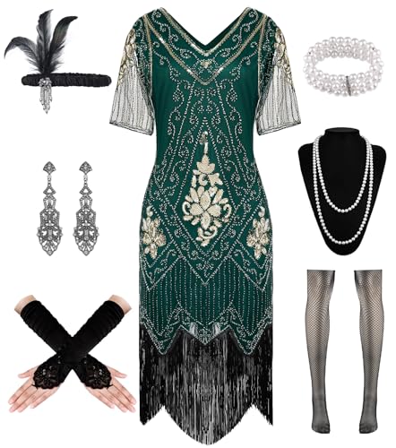 WILDPARTY 1920er Jahre Flapper-Kleid für Damen, Pailletten-Kleid, V-Ausschnitt, Spitze, Fransenkleid, Kostüm mit brüllenden 20er-Jahren Zubehör, Grün , L von WILDPARTY