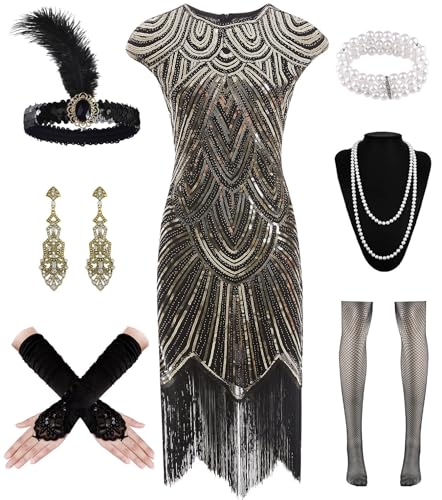 WILDPARTY 1920er Jahre Damen Flapper Kleider Pailletten Kleider Vintage Spitze Fransen Cocktailkleid mit 20er Jahre Zubehör Set, Schwarz / Gold, XXL von WILDPARTY