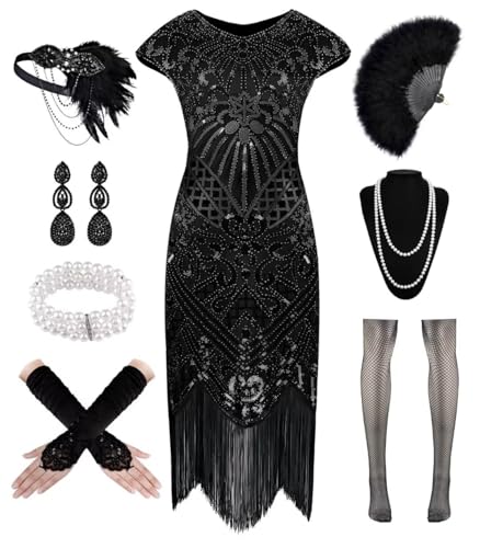 WILDPARTY 1920er Jahre Kleider für Damen, Pailletten Flapper Kleider Vintage Fransen Cocktailkleid mit 20er Jahre Zubehör Set (Schwarz, 2XL), Fächer-Schwarz, XXL von WILDPARTY