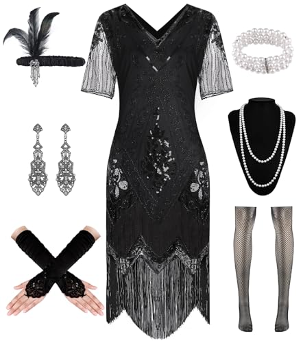 20er Jahre Kleid Roaring 20s Charleston Kleid, Flapper Kleid mit Dünn Ärmel Pailletten Perlen Fransen, CocktailkleidKleid 20er Jahre Accessoires, Vintage Mafia Kostüm Damen Fasching Karneval von WILDPARTY