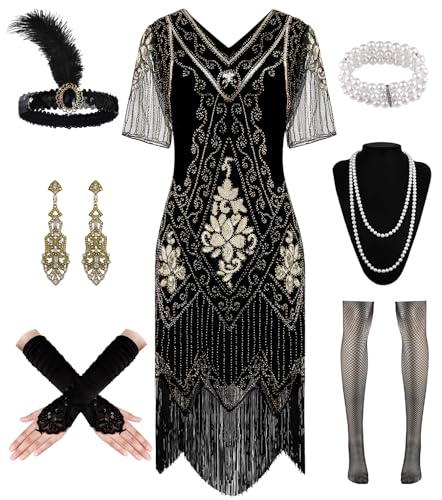 20er Jahre Kleid Roaring 20s Charleston Kleid, Flapper Kleid mit Dünn Ärmel Pailletten Perlen Fransen, CocktailkleidKleid 20er Jahre Accessoires, Vintage Mafia Kostüm Damen Fasching Karneval von WILDPARTY