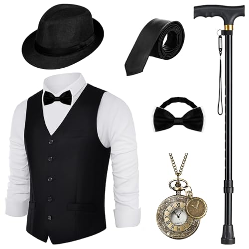 WILDPARTY 20er Jahre Kostüm Accessoire Herren, Faltbar Krücken Metall, Weste, Taschenuhr, Fedora Hut, Mafia Gangster Kostüm Herren, Halloween Karneval Fasching Cosplay Men20S-Vest-Black-M von WILDPARTY