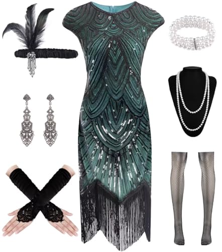 WILDPARTY 20er Jahre Kostüm Damen Charleston Kleid, Flapper Kleid mit Pailletten Perlen Fransen Netzstrümpfe, Kleider 20er Jahre Accessoires, Vintage Mafia Kostüm Damen Cocktailkleid von WILDPARTY