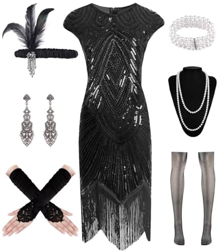 WILDPARTY 20er Jahre Kostüm Damen Charleston Kleid, Flapper Kleid mit Pailletten Perlen Fransen Netzstrümpfe, Kleider 20er Jahre Accessoires, Vintage Mafia Kostüm Damen Cocktailkleid von WILDPARTY