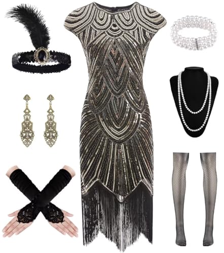 WILDPARTY 20er Jahre Kostüm Damen Charleston Kleid, Flapper Kleid mit Pailletten Perlen Fransen Netzstrümpfe, Kleider 20er Jahre Accessoires, Vintage Mafia Kostüm Damen Cocktailkleid von WILDPARTY