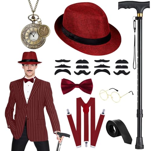 WILDPARTY 20er Jahre Kostüm Herren Accessoires, Faltbarer Krücken Metall, Fedora Hut,Taschenuhr, Metallbrille, Fliege, Hosenträger, Mafia Kostüm 1920S Gangster Made China von WILDPARTY