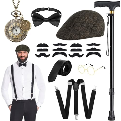 WILDPARTY 20er Jahre Kostüm Herren Accessoires, Faltbarer Krücken Metall, Panamahut, Taschenuhr, Metallbrille, Fliege, Hosenträger, Mafia Kostüm 1920S Gangster Made China von WILDPARTY