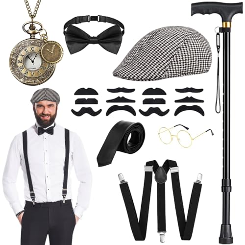 WILDPARTY 20er Jahre Kostüm Herren Accessoires, Faltbarer Krücken Metall, Panamahut, Taschenuhr, Metallbrille, Fliege, Hosenträger, Mafia Kostüm 1920S Men20S-BlackWhite-9Pcs-1 von WILDPARTY