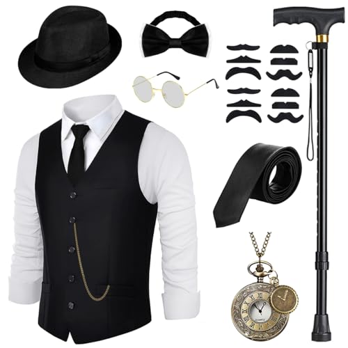 WILDPARTY 20er Jahre Kostüm Herren Weste mit Accessories, Faltbare Krücke Taschenuhr Bart Fedora Gläser, Krawatte, Fliege, für Mafia Kostüm 1920S Gangster Peaky Blinders Karneval Halloween Mottoparty von WILDPARTY