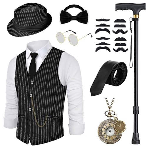 20er Jahre Kostüm Herren Streifen Weste mit Accessories, Faltbare Krücke Taschenuhr Bart Fedora Gläser, Krawatte, für Mafia Kostüm 1920S Gangster Peaky Blinders Karneval Halloween Mottoparty von WILDPARTY