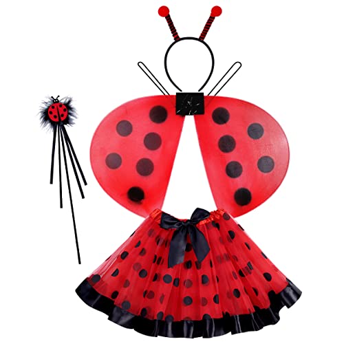 WILDPARTY 4 Stück Marienkäfer Ladybug Kostüm Mädchen, Tutu-Rock, Marienkäfer Flügel, Zauberstab, Haarreif, Ladybug Kostüm Mädchen Kinder Damen für Karneval Geburtstag Halloween Party von WILDPARTY