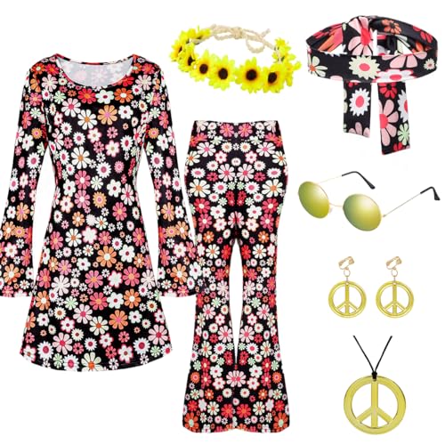 WILDPARTY 70er Jahre Hippie Bekleidung Damen Set, Schlager Outfit Enthält Kleid, Hosen, Hippie Accessoires, 60er 70e Retro Outfit Schlagermove Faschings Kostüm Disco Party Halloween Karneval von WILDPARTY