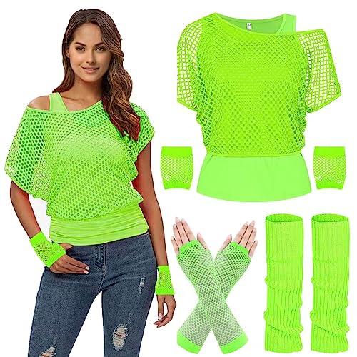 WILDPARTY 80er 90er Jahre Outfit Damen, Netzshirt, Tank top, Beinwärmer, Netzhandschuhe, Kostüm 80er Jahre Netzoberteil Damen Tops Neon Shirt 80s Aerobic Outfit Kleidung Mottoparty Accessoires Green von WILDPARTY