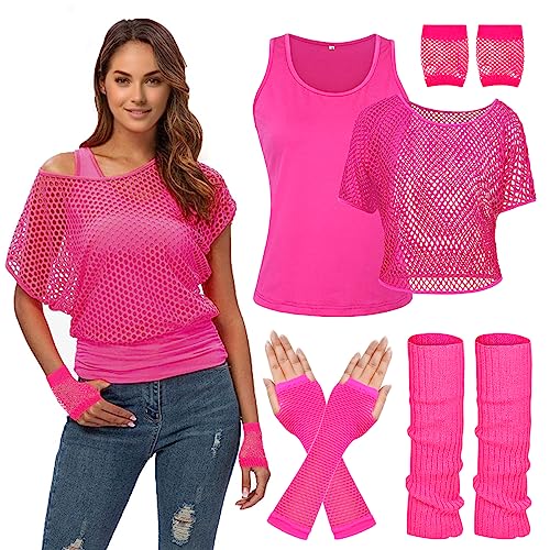 WILDPARTY 80er 90er Jahre Outfit Damen, Netzshirt, Tank top, Beinwärmer, Netzhandschuhe, Kostüm 80er Jahre Netzoberteil Damen Tops Neon Shirt 80s Aerobic Outfit Kleidung Mottoparty Accessoires Pink von WILDPARTY