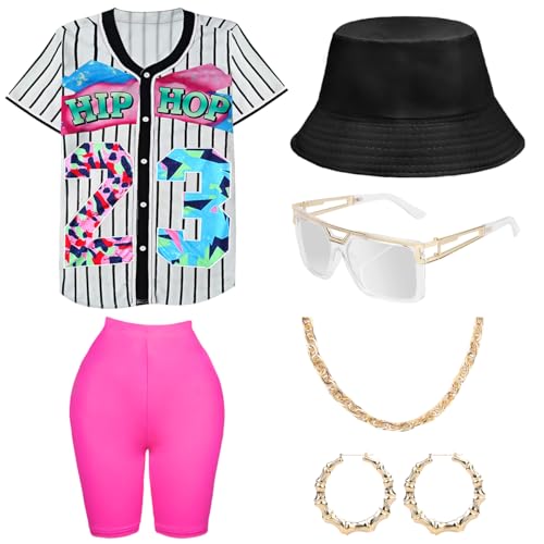 WILDPARTY 80er 90er Jahre Outfit Damen Yoga Leggings, Hip Hop Lockere Oberteile Fischerhüte Gläser Ohrringe Halskette, Kostüm 80er Jahre Accessoires Baseball Shirt Karneval Mottoparty Bad Taste von WILDPARTY