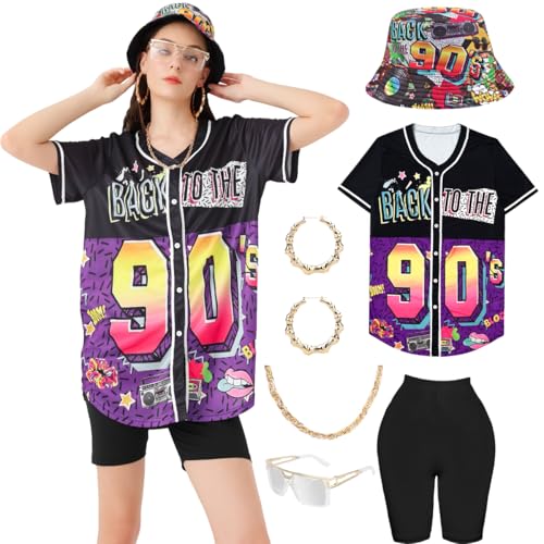 WILDPARTY 80er 90er Jahre Outfit Damen Yoga Leggings, Hip Hop Lockere Oberteile Fischerhüte Gläser Ohrringe Halskette, Kostüm 80er Jahre Accessoires Bunte Baseball Shirt Karneval Mottoparty Bad Taste von WILDPARTY