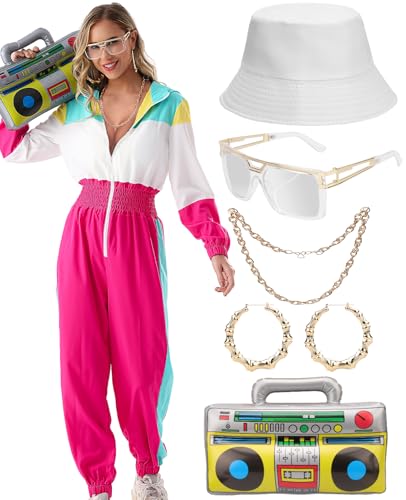 WILDPARTY 80er 90er Jahre Outfit Jumpsuit Damen, Trainingsanzug Overall Hoodie, Jogginganzug mit Aufblasbarer Ghettoblaster Hut Gläser Halskette Ohrringe,Karneval Fasching Mottoparty Kostüm von WILDPARTY