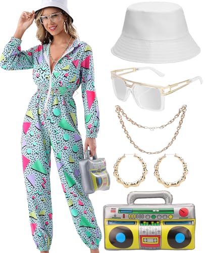 WILDPARTY 80er 90er Jahre Outfit Jumpsuit Damen, Trainingsanzug Overall Hoodie, Jogginganzug mit Aufblasbarer Ghettoblaster Hut Gläser Halskette Ohrringe,Karneval Fasching Mottoparty Kostüm von WILDPARTY