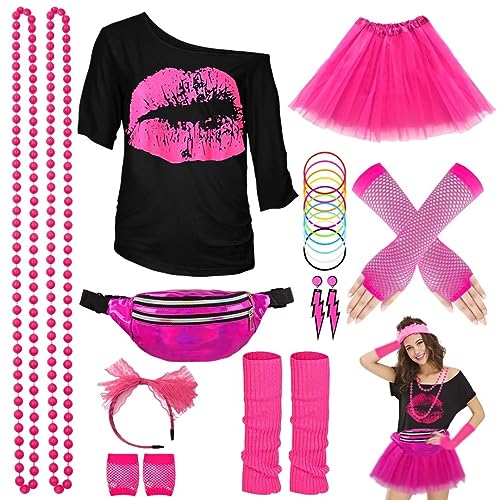 WILDPARTY 80er Jahre Kostümzubehör für Frauen, T-Shirt, Tutu, Bauchtasche, Stirnband, Ohrring, Halskette, Fischnetzhandschuhe, Beinstulpen 80er Jahre Party, Halloween-Outfit für Frauen, 24 Stück (Rosa 3XL), rosa / schwarz von WILDPARTY