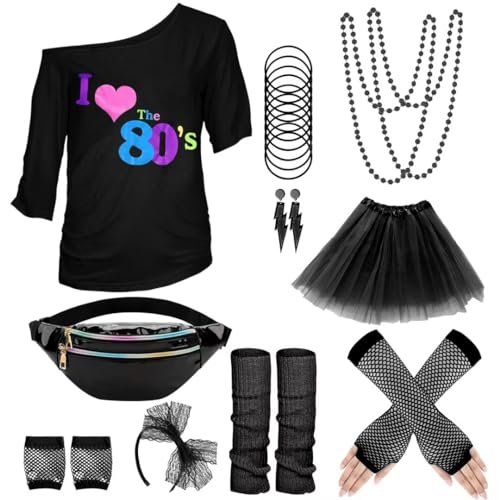 80er Jahre Outfit Damen Set, T-Shirt, Tutu, Gürteltasche, Stirnband, Ohrring, Halskette, Netzhandschuhe, 80er Jahre Kleidung Kostüm Neon Accessoires Thema Party Karneval Damen Frauen von WILDPARTY