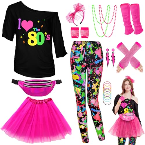 80er 90er Jahre Outfit Leggings Bunte Damen, Neon Kleidung Bauchtasche TuTu Stirnband Ohrring Halskette Netzhandschuhe Stulpen Accessoires, Karneval Halloween Thema Mottoparty Kostüm Hose, XL von WILDPARTY