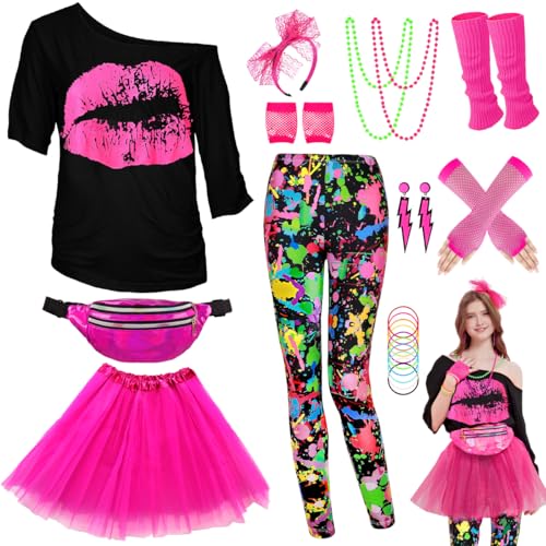 80er 90er Jahre Outfit Leggings Bunte Damen, Neon Kleidung Bauchtasche TuTu Stirnband Ohrring Halskette Netzhandschuhe Stulpen Accessoires, Karneval Halloween Thema Mottoparty Kostüm Hose, XL von WILDPARTY