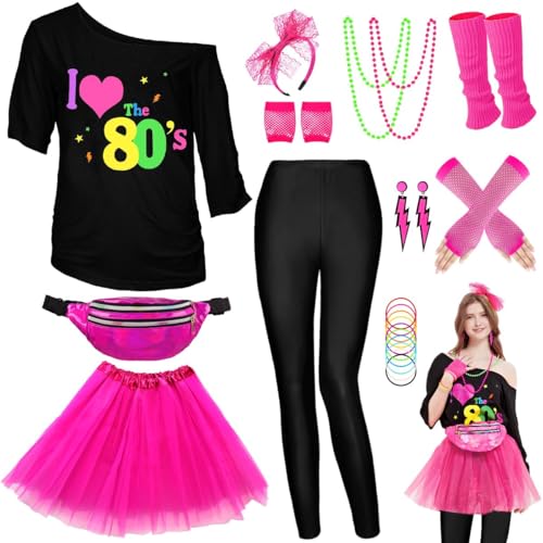 WILDPARTY 80er Jahre Verkleidung für Frauen, I Love 80er Jahre T-Shirt, Tutu Rock, Leggings, Beinstulpen, Halskette, Fischnetzhandschuhe, Neon-Kostüme Zubehör für Retro Mottoparty Cosplay WILDPARTY 80er Jahre Verkleidung für Frauen, I Love 80er Jahre T-Shirt, Tutu Rock, Leggings, Beinstulpen, Halskette, Fischnetzhandschuhe, Neon-Kostüme Zubehör für Retro Mottoparty Cosplay von WILDPARTY
