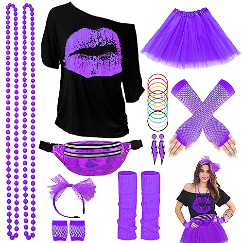 Wildparty 1980er-Jahre Verkleidung für Damen, T-Shirt mit Lippenaufdruck, Tutu-Rock, Stulpen, Halskette, Netzhandschuhe, Ohrringe, Neon-Accessoires für Retro-Mottoparty, Cosplay von WILDPARTY