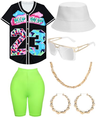 WILDPARTY Hip-Hop-Kostüm-Outfit für Damen, Baseball-Trikot, Yoga-Hose, Fischerhut, Goldkette, Rapper-Zubehör, 1990er-, 1980er-Jahre, Neon-Kleidung, Retro-Party, Schwarz, Größe 2XL von WILDPARTY