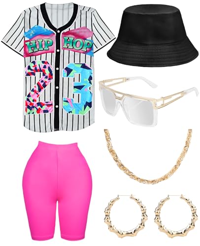 WILDPARTY Hip-Hop-Kostüm-Outfit für Damen, Baseball-Trikot, Yoga-Hose, Fischerhut, Goldkette, Rapper-Zubehör, 1990er-, 1980er-Jahre, Neon-Kleidung, Retro-Party, Weiß, Größe L von WILDPARTY