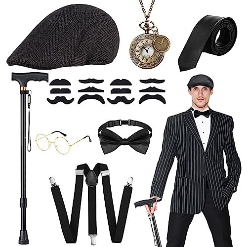 WILDPARTY 20er Jahre Kostüm Herren Accessoires, Faltbarer Krücken Metall, Panamahut, Taschenuhr, Metallbrille, Fliege, Hosenträger, Mafia Kostüm 1920S Gangster Halloween Party von WILDPARTY